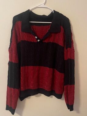 SHEIN Red and Black Striped V‑Neck Knit Sweater
